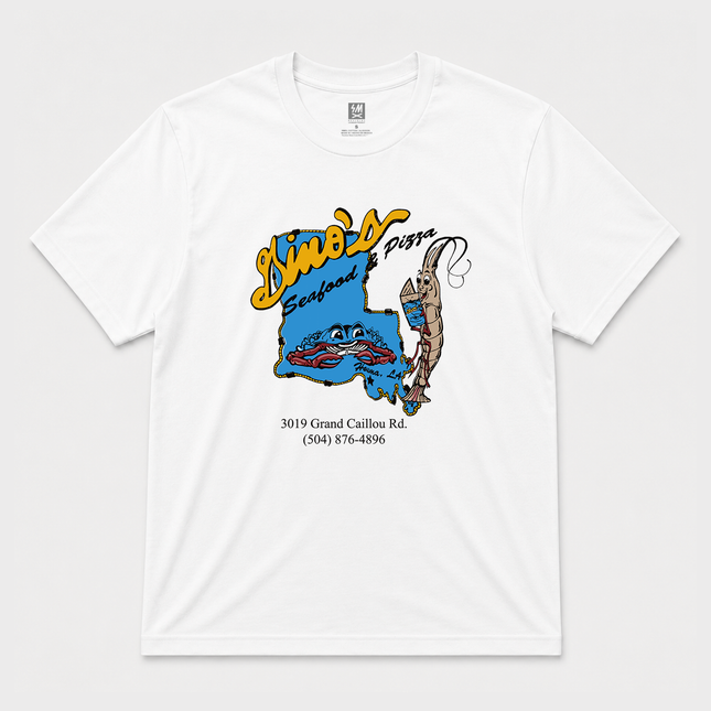 90s Dino's Seafood And Pizza White T-Shirt