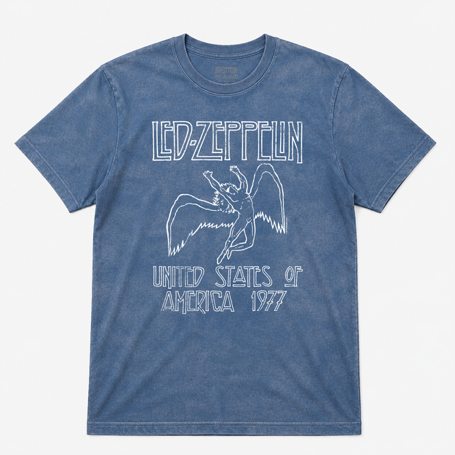 Led Zeppelin Distressed Logo Mineral Wash Blue T Shirt
