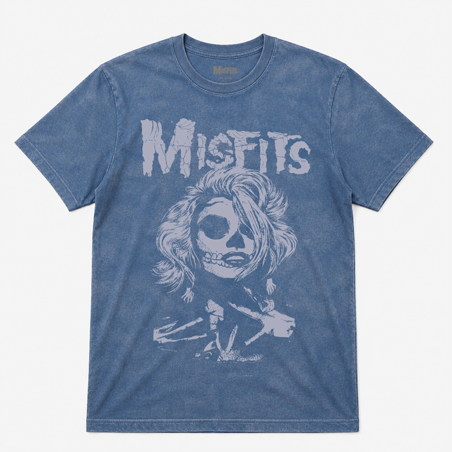 Misfits Skull Movie Star Mineral Wash Blue T Shirt