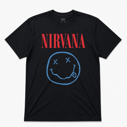 Nirvana Faux Smile T Shirt Red With Blue Logo