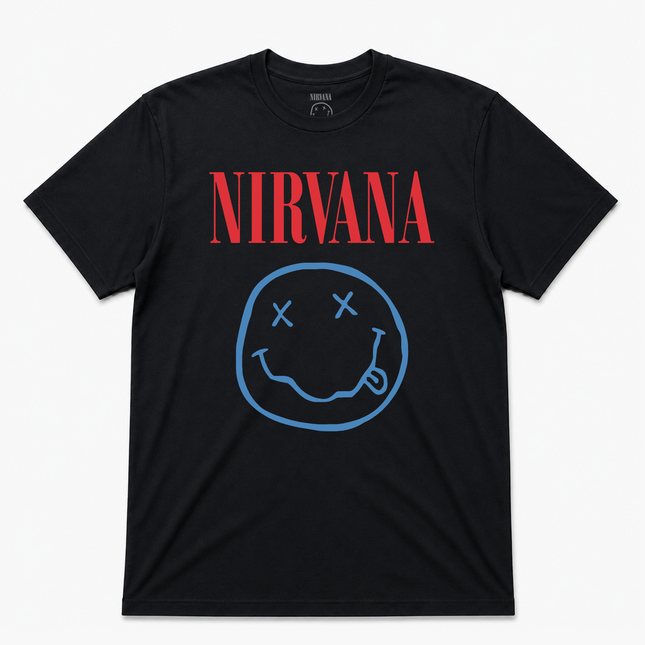 Nirvana Faux Smile T Shirt Red With Blue Logo